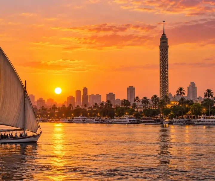 Kairo bei Sonnenuntergang mit Cairo Tower und privater Felukenfahrt auf dem Nil.