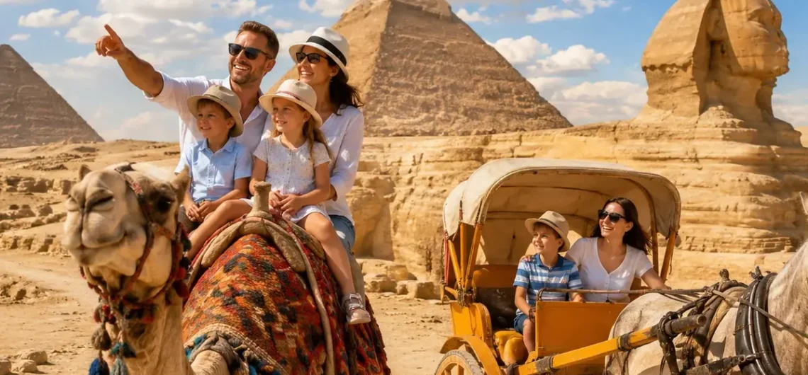 Kairo Sehenswürdigkeiten mit Pyramiden von Gizeh, Sphinx und Familie bei einer Tour.