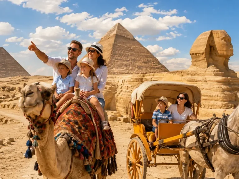 Kairo Sehenswürdigkeiten mit Pyramiden von Gizeh, Sphinx und Familie bei einer Tour.