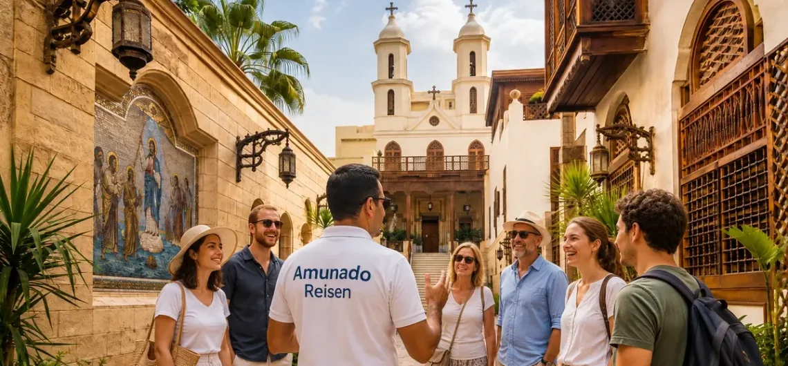 Koptisches Viertel Kairo mit kleiner Touristengruppe und deutschsprachigem Reiseleiter.