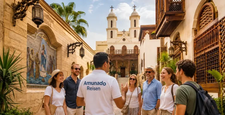 Koptisches Viertel Kairo mit kleiner Touristengruppe und deutschsprachigem Reiseleiter.